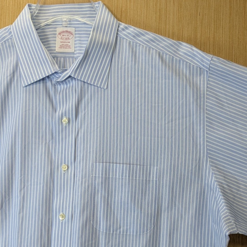 Brooks Brothers Madison Non-Iron Shirt 18.5 37 Blue White Stripe Supima Cotton